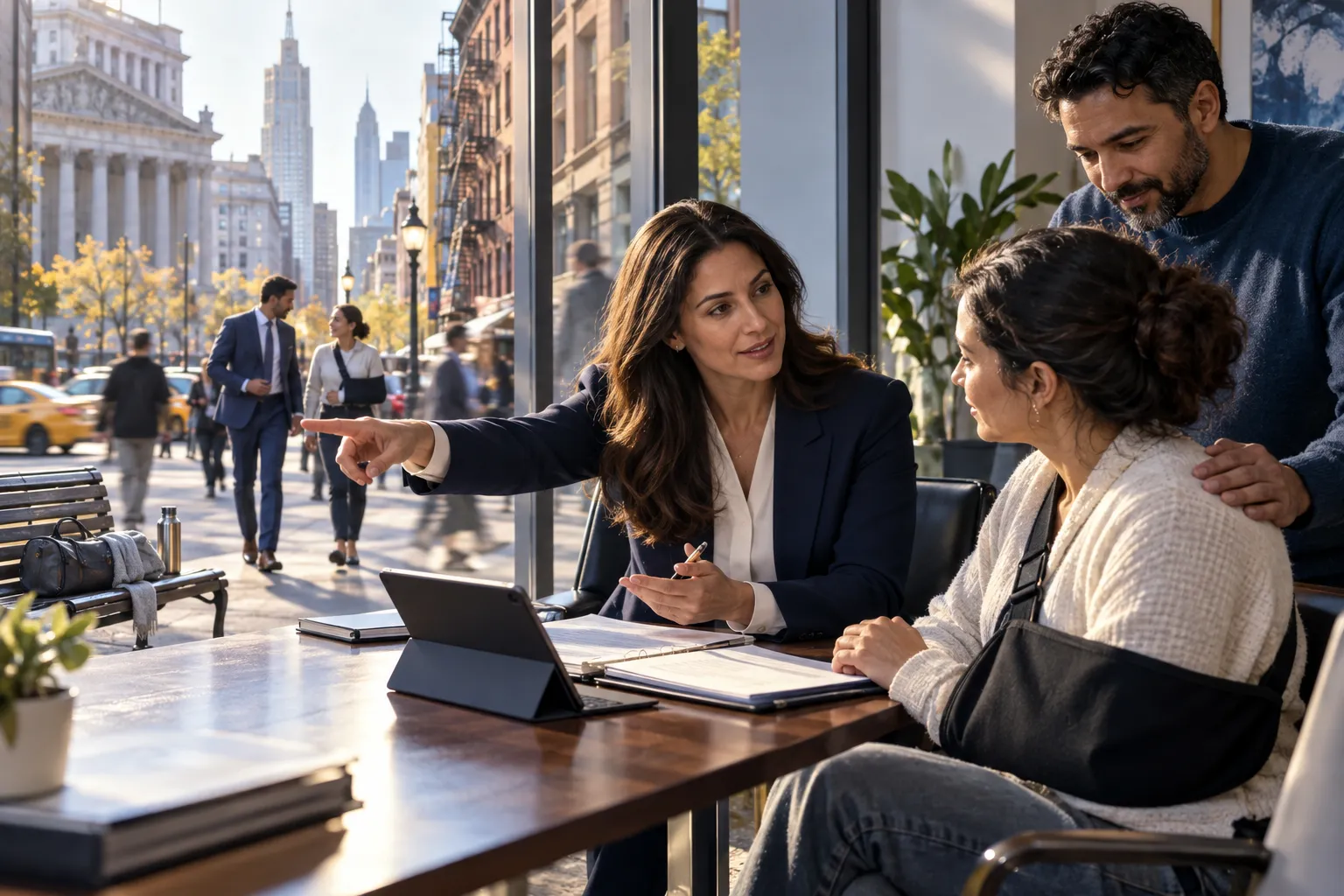 Attorney and client discussing settlement options at desk