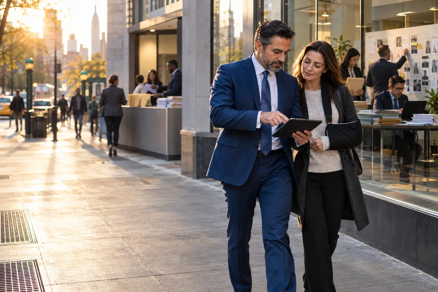 New York personal injury attorney confidently guiding client through case discussion