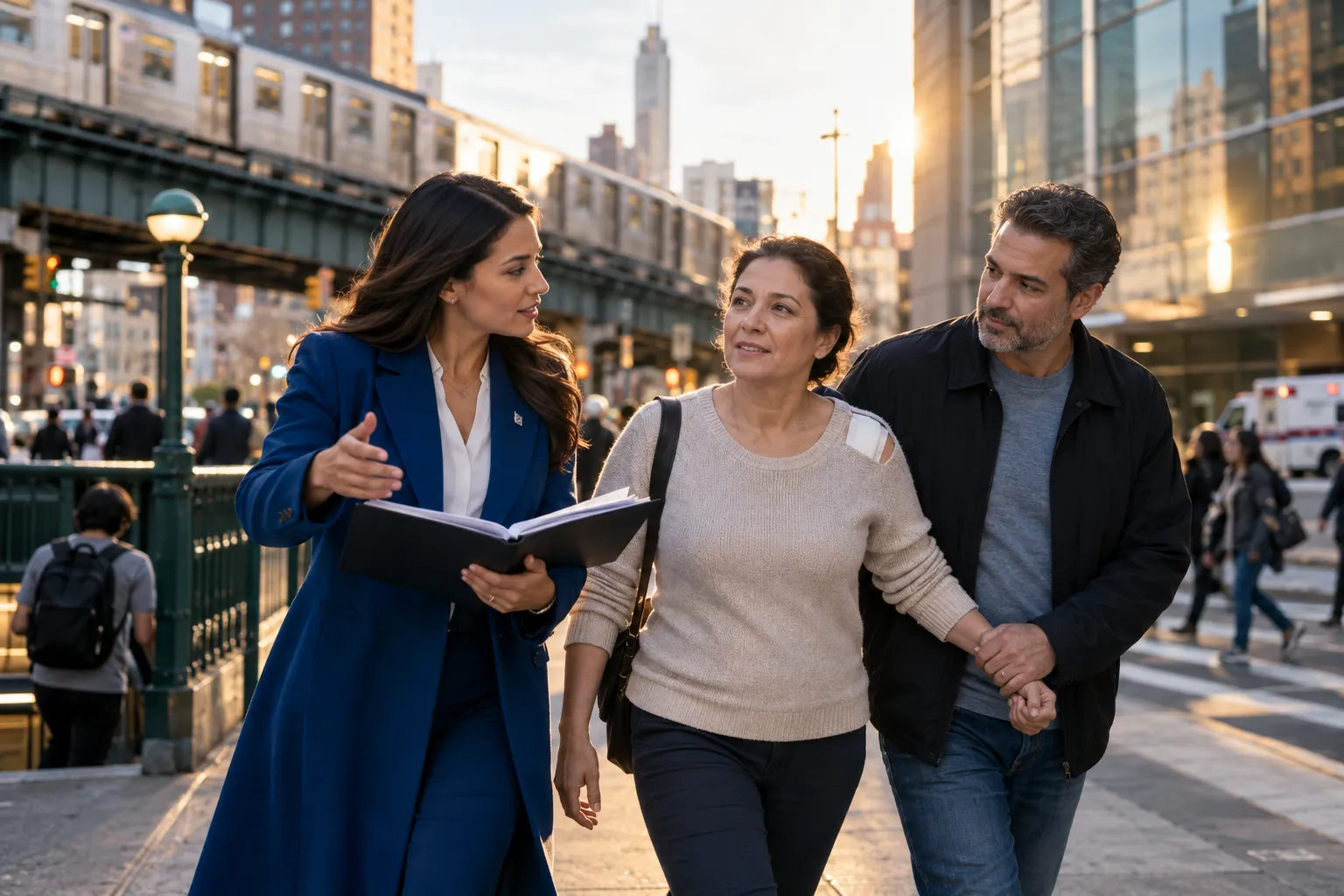 New York train accident lawyer consulting clients beside railroad tracks