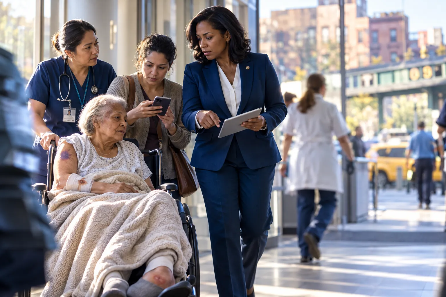 Concerned family member holding elderly relative's hand in nursing home