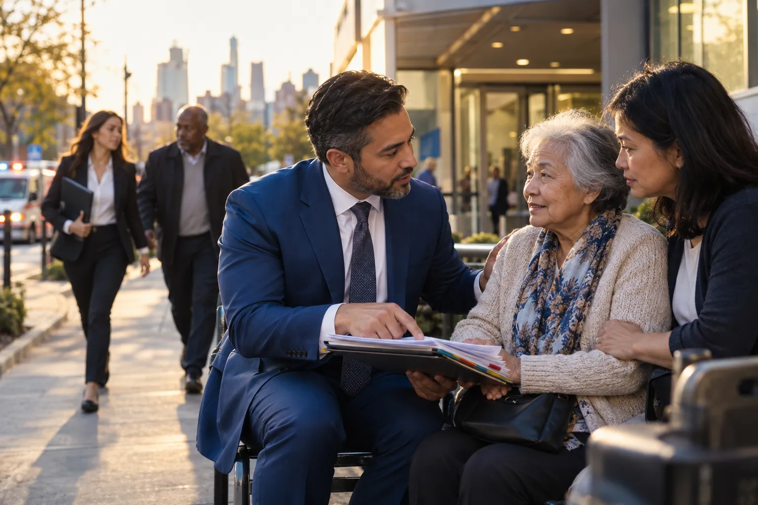 Nursing home neglect lawyer supporting elderly client in Queens office