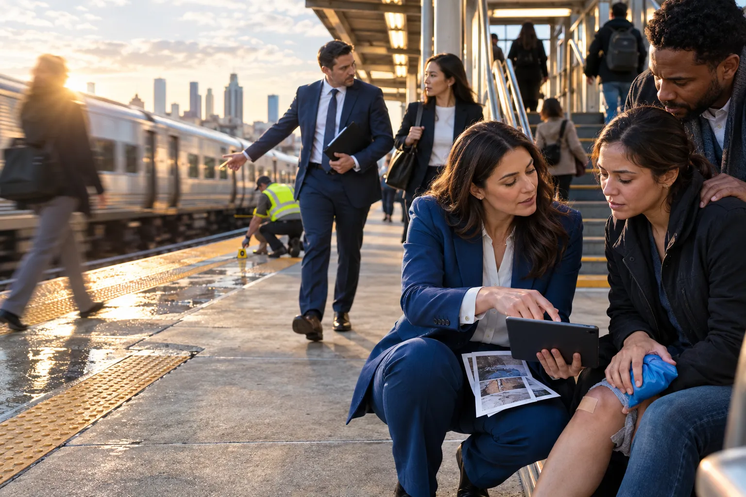 Falling passenger on wet platform near LIRR station warning sign