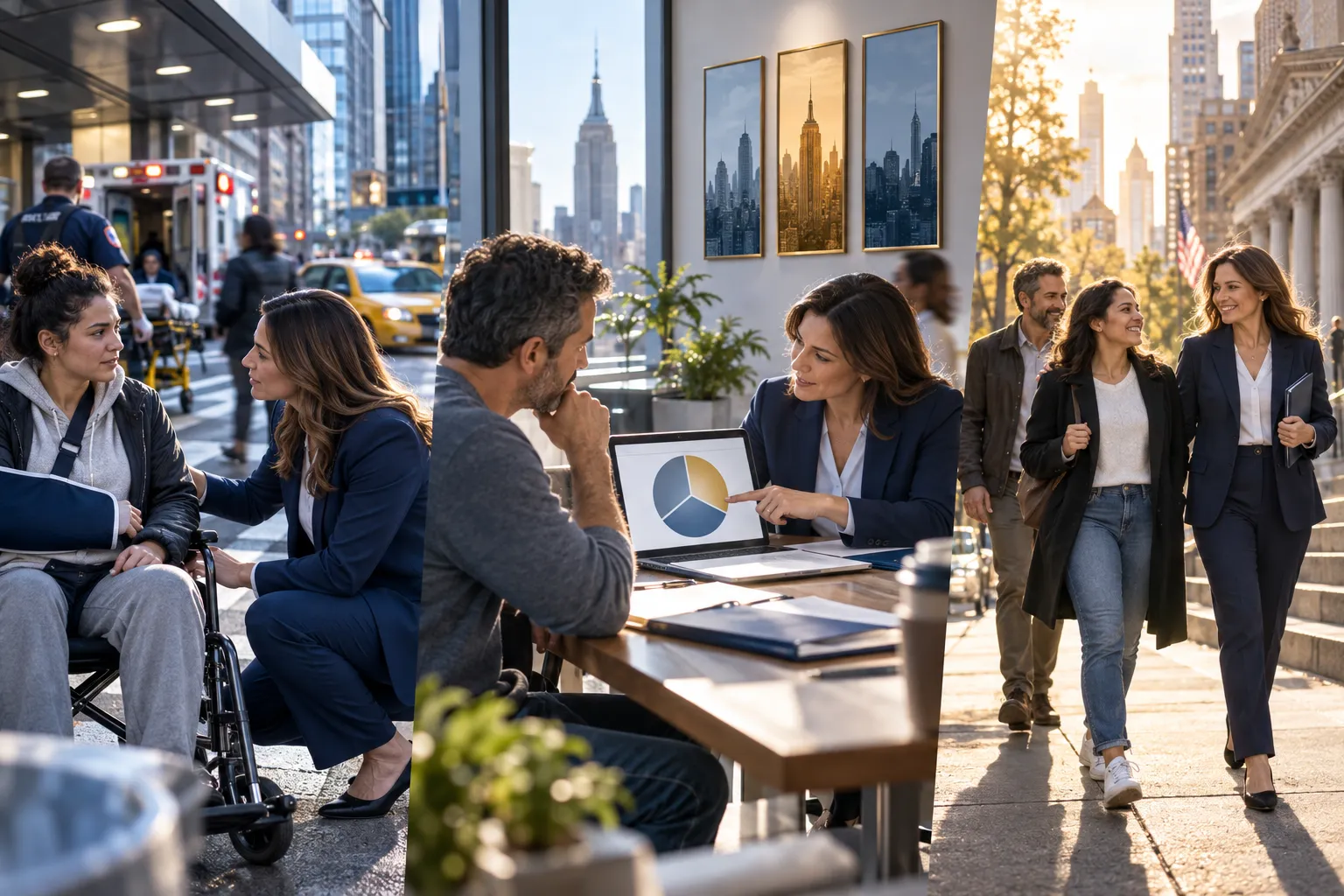 New York personal injury lawyer confidently advising an injured client at desk