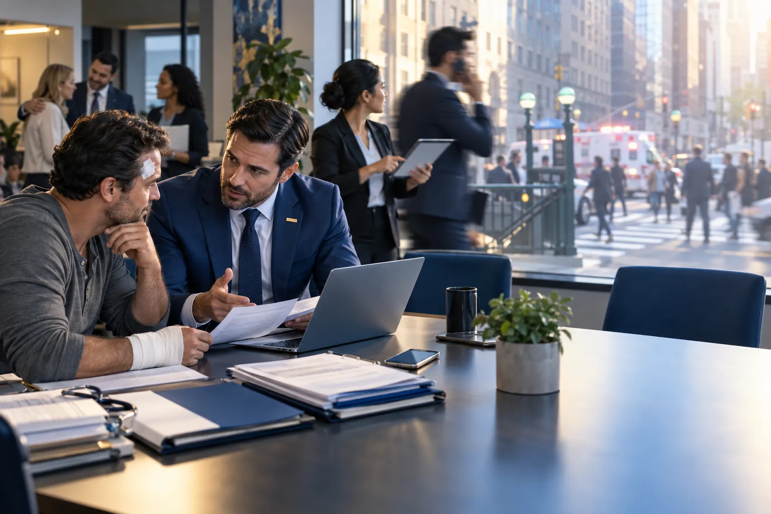 Personal injury attorney supporting injured client beside New York courthouse
