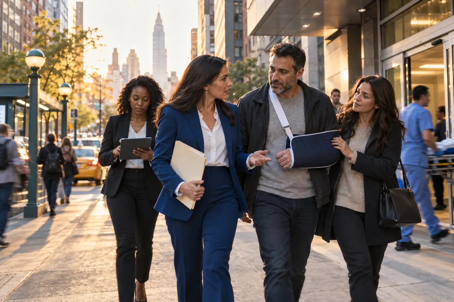 Attorney and injured client shaking hands in New York law office