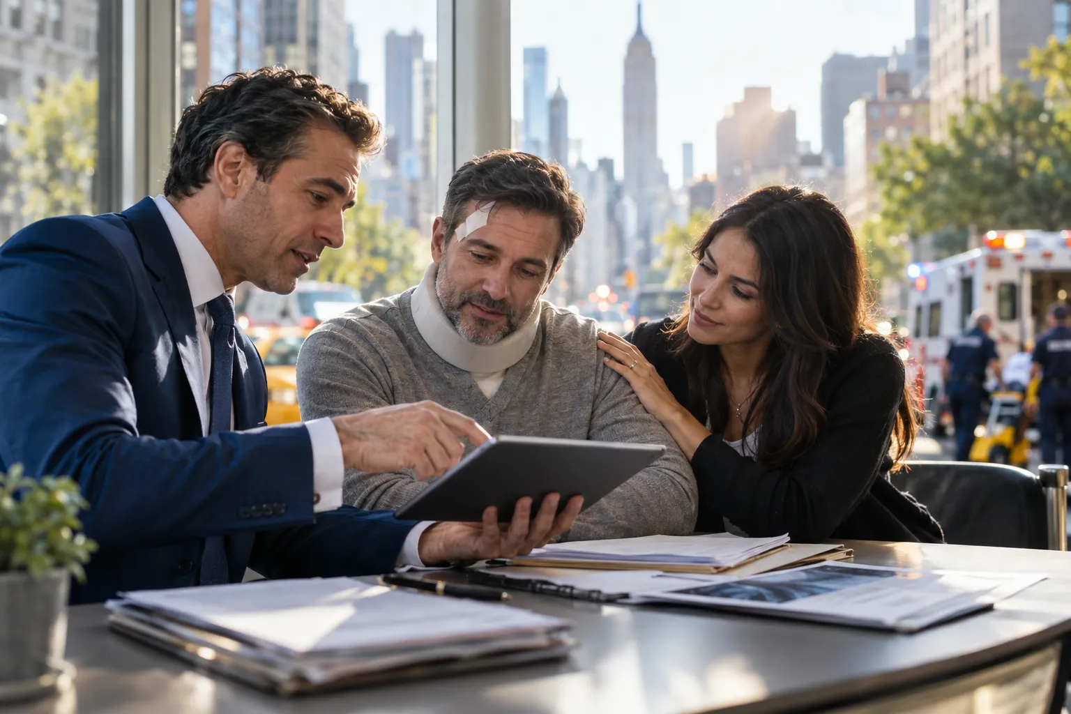 Manhattan brain injury attorney consulting with client in office