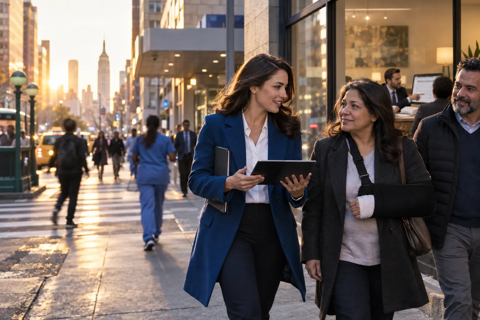 New York personal injury attorney supporting client with legal documents at desk
