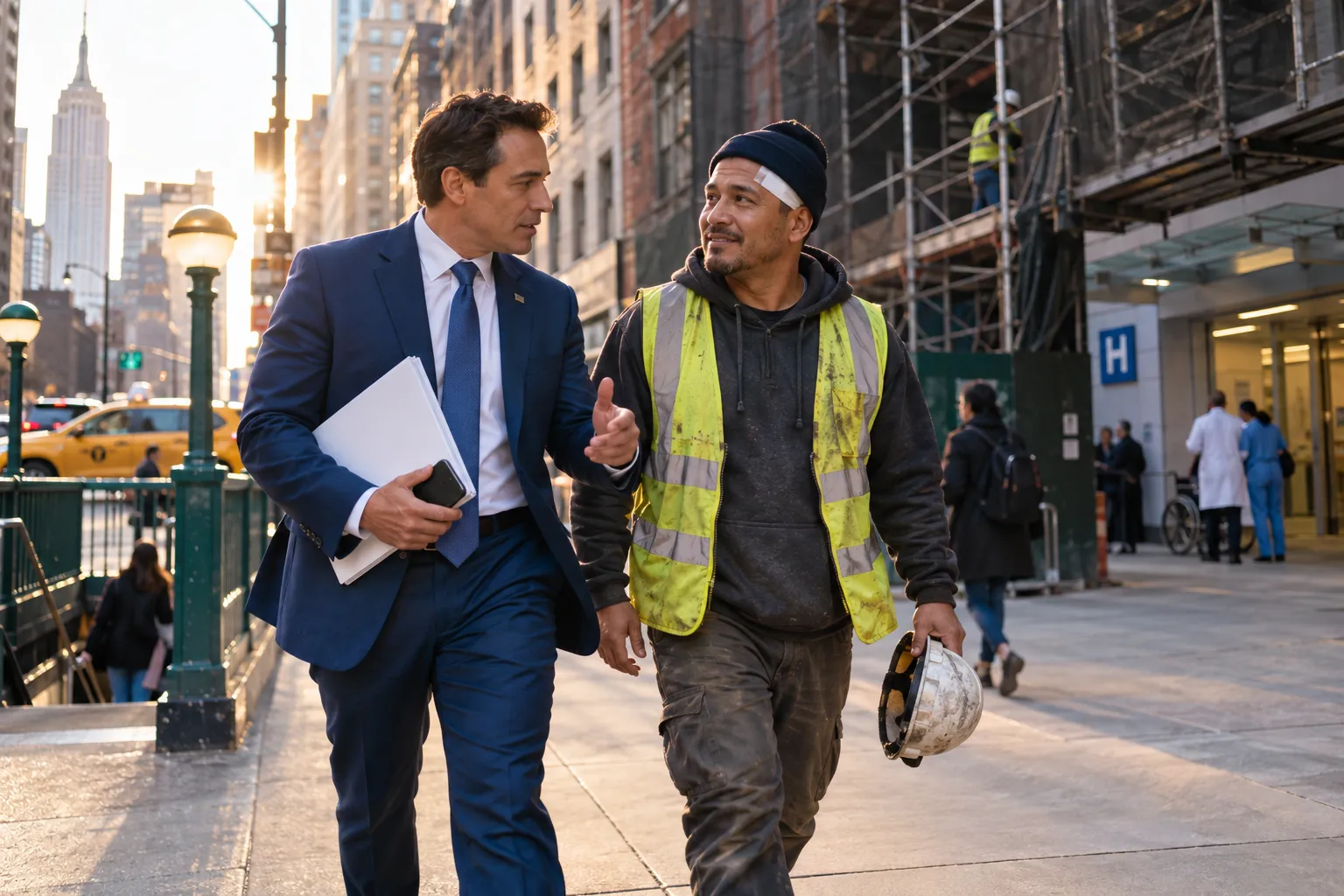 Construction worker in hard hat supported by New York attorney