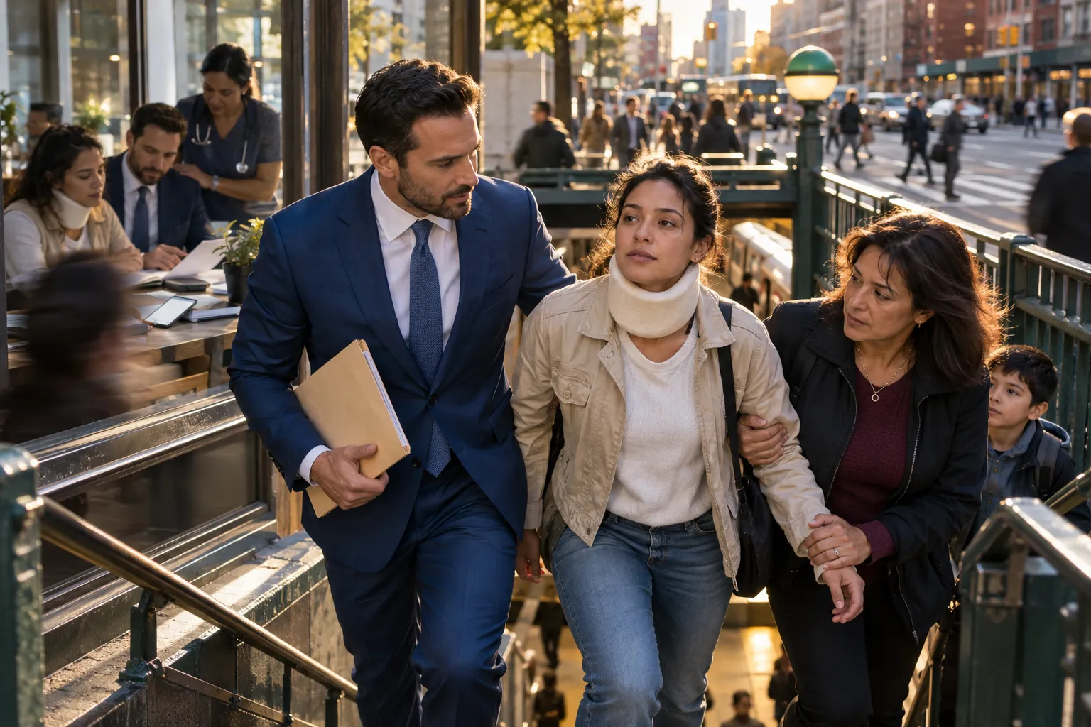 Subway accident attorney supporting brain injury client, New York courtroom scene
