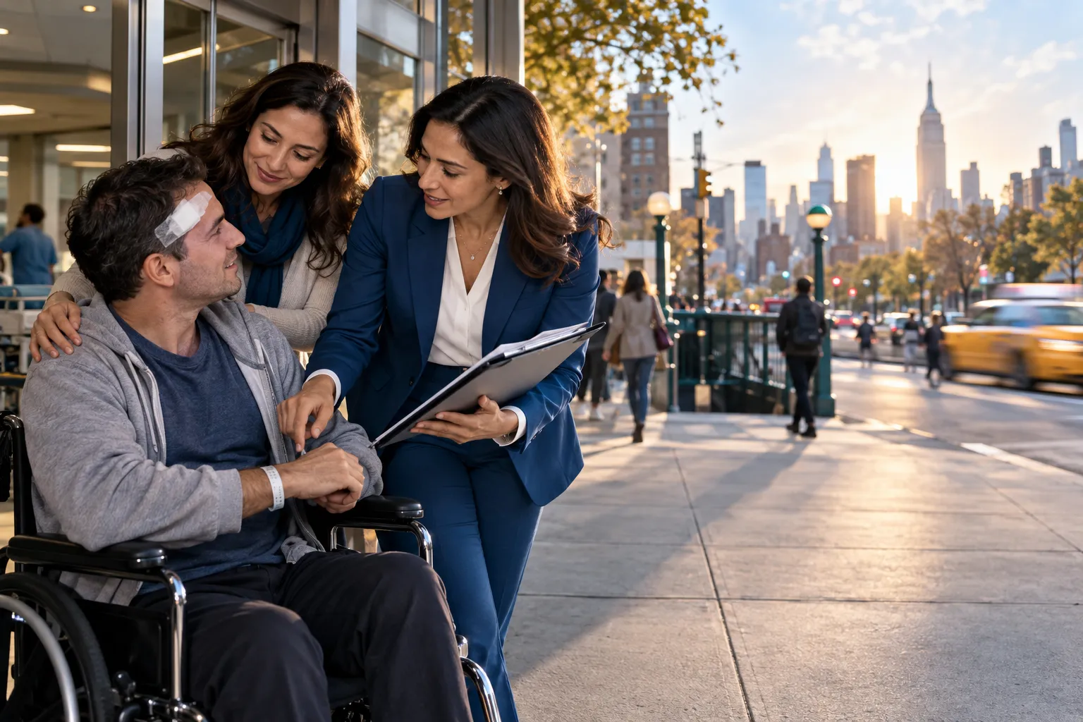 Attorney supporting brain injury client beside New York courthouse steps