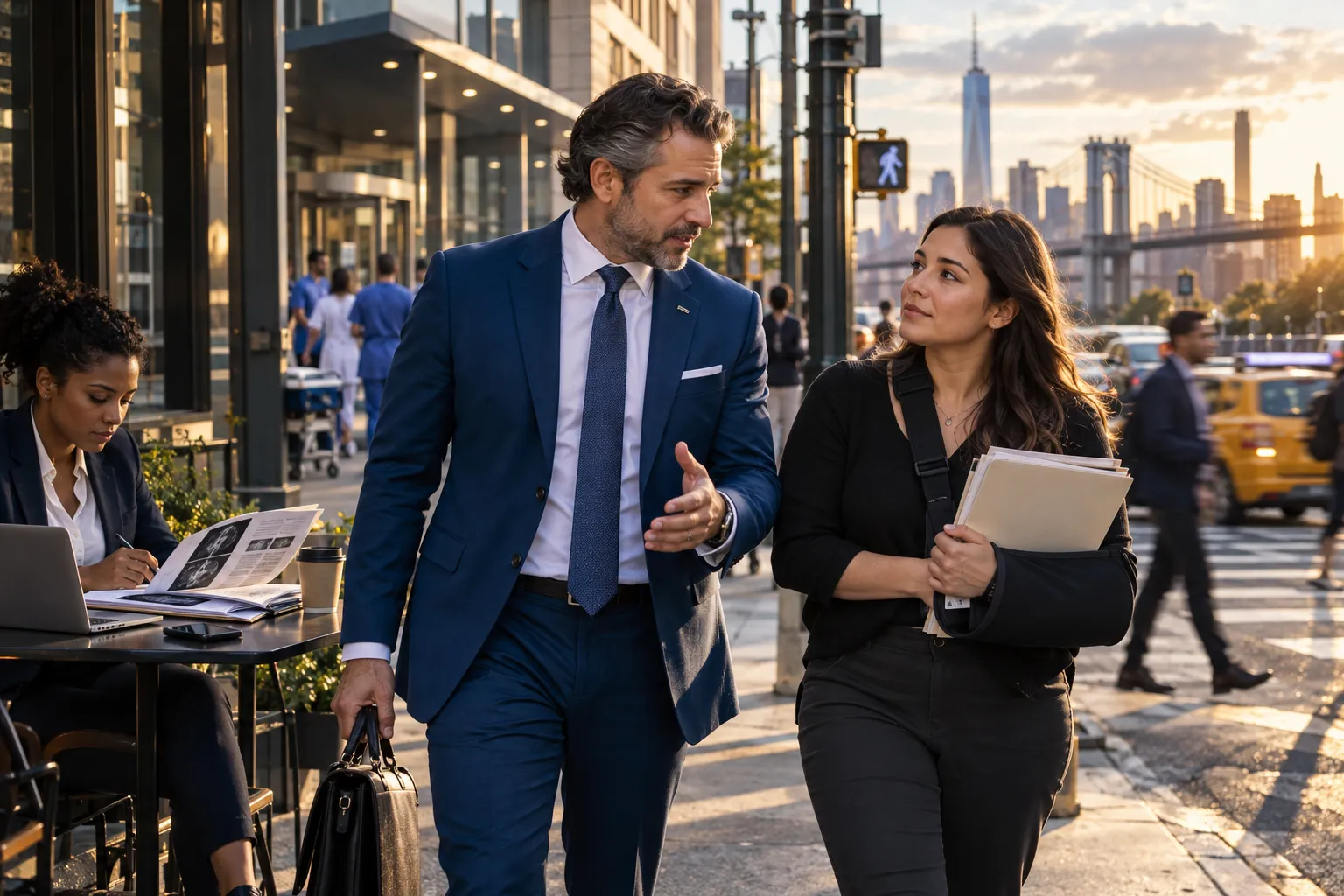 New York personal injury lawyer confidently guiding client through legal case