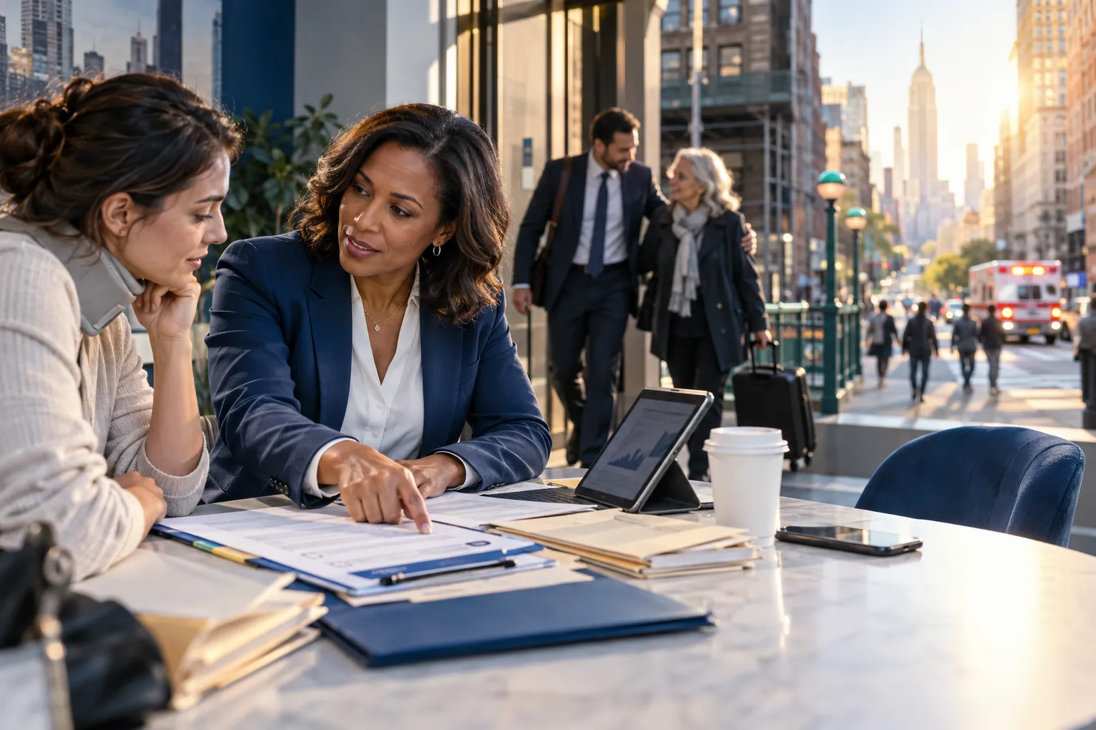 New York personal injury attorney reviewing retainer checklist with client at desk