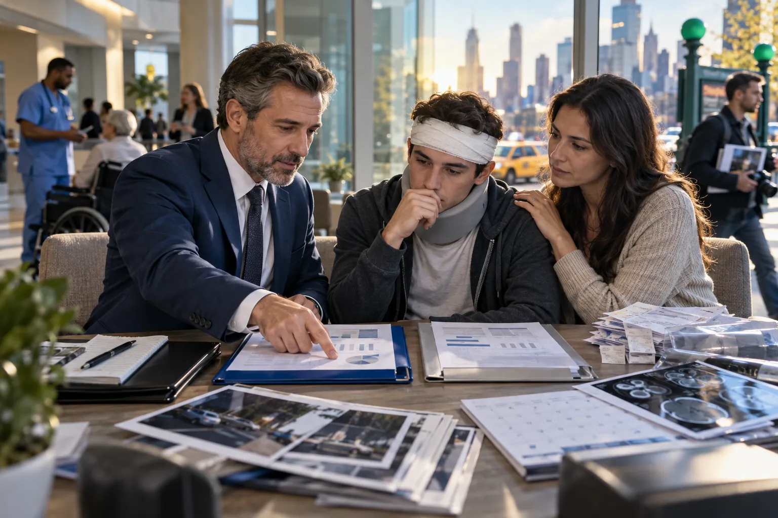 New York personal injury attorney confidently guiding client through legal case documents