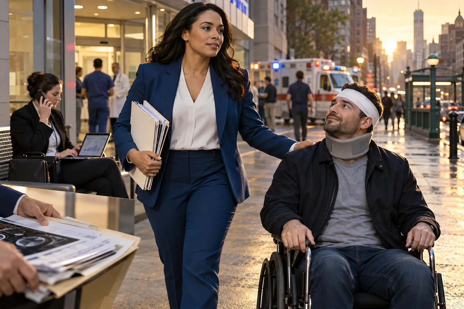 Brain-damaged client supported by attorney reviewing case costs