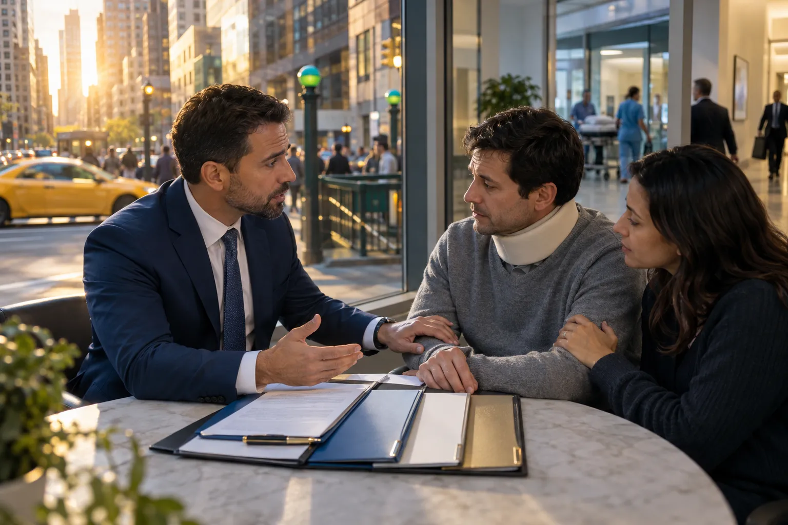 Brain injury lawyer reviewing settlement documents with concerned client in New York office