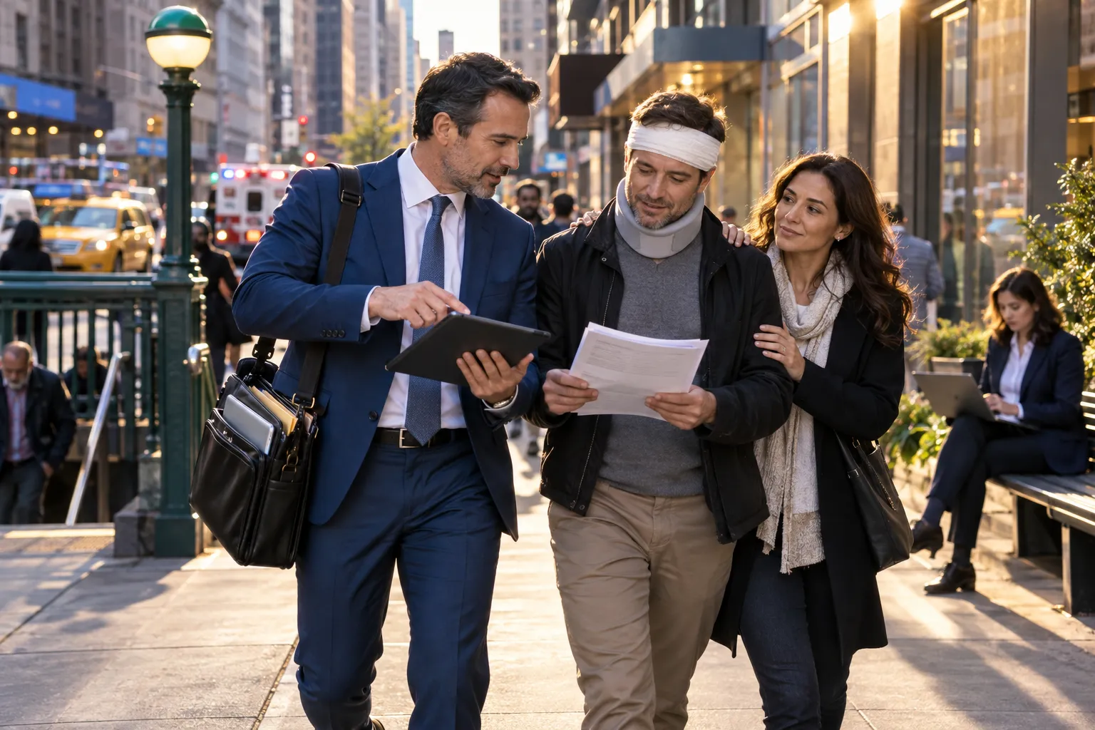 Attorney and client reviewing fee agreement checklist together at desk