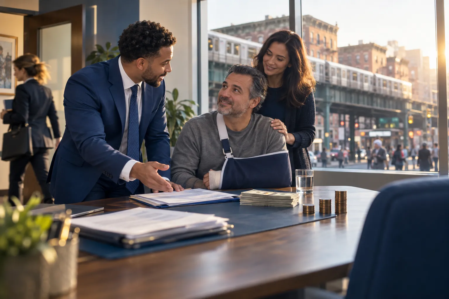 New York personal injury attorney supporting client beside legal documents