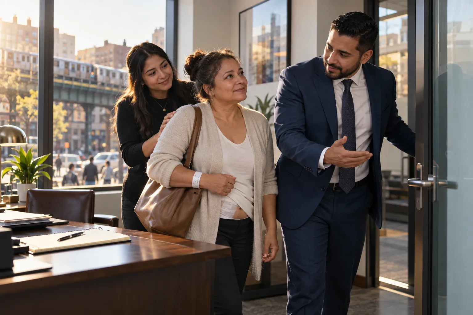 Bronx surgical error lawyer consulting with Spanish-speaking client in office