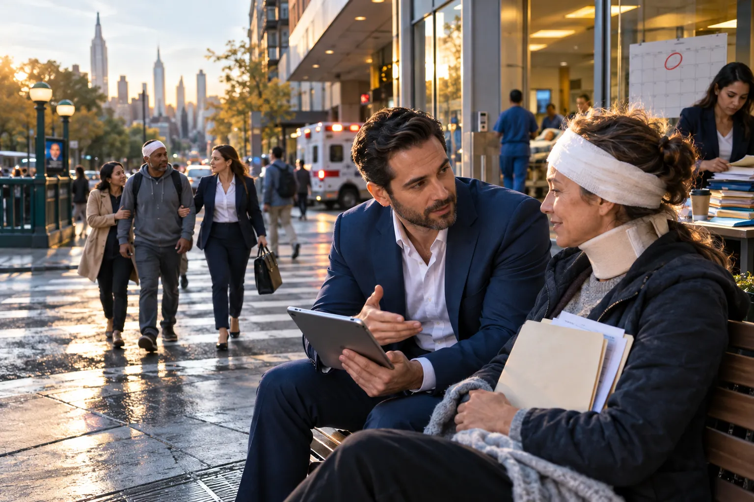 Supportive attorney guiding brain injury client toward justice in New York