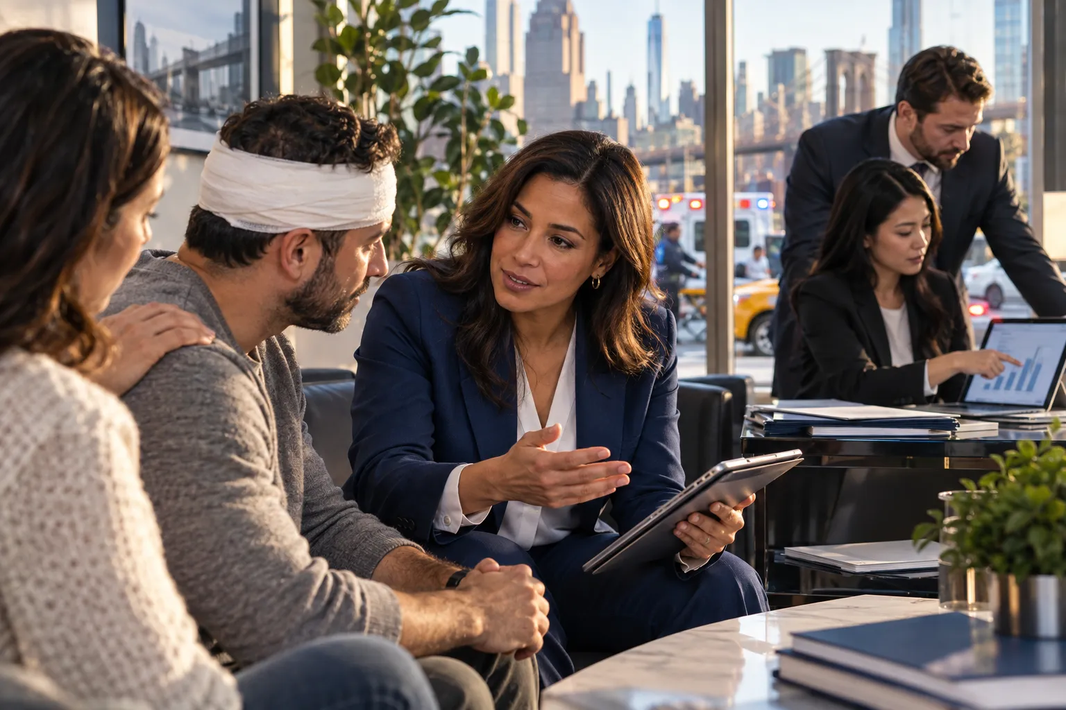 Attorney shaking hands with head injury client beside NYC skyline window