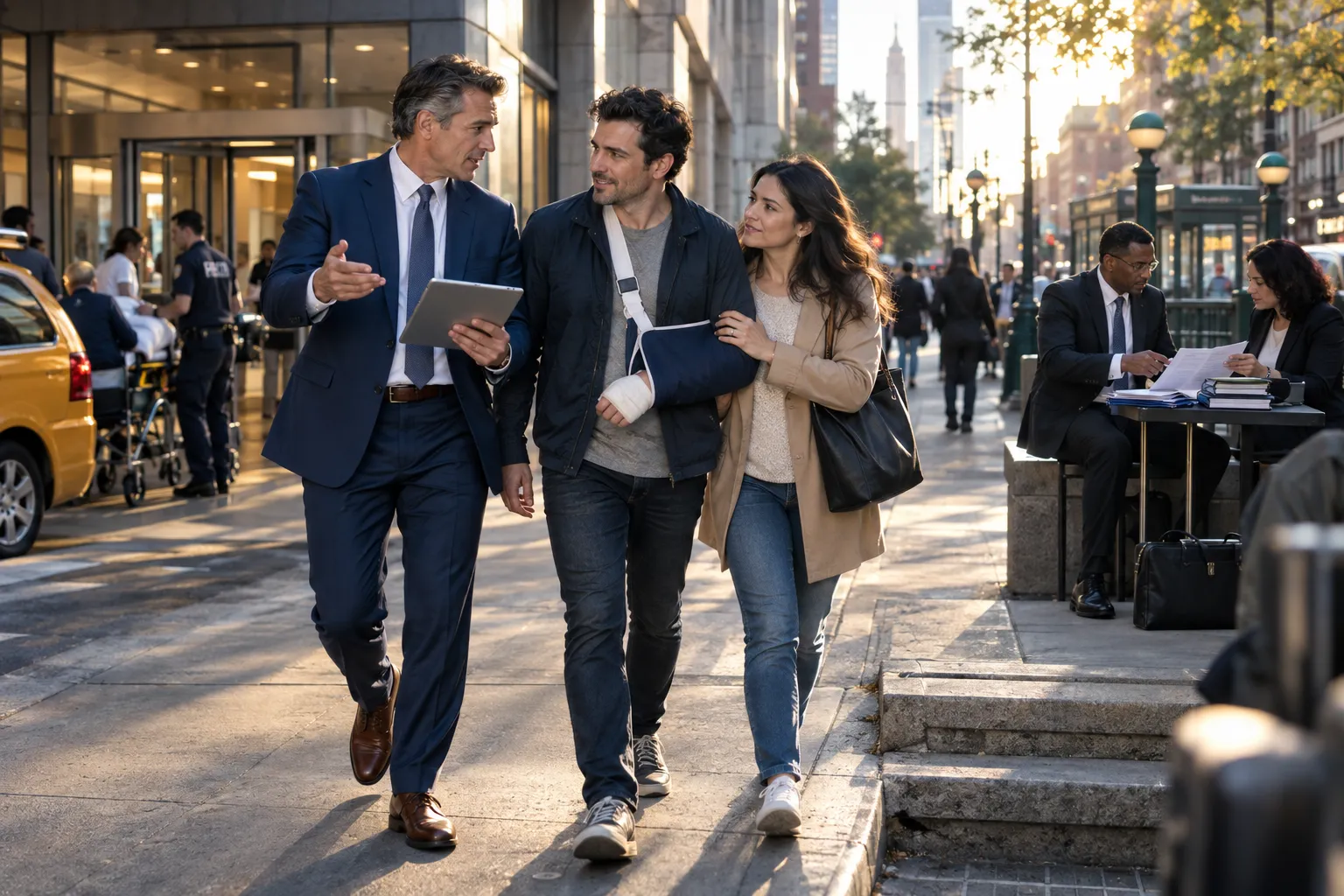 Attorney and injured client reviewing settlement recovery documents in New York office