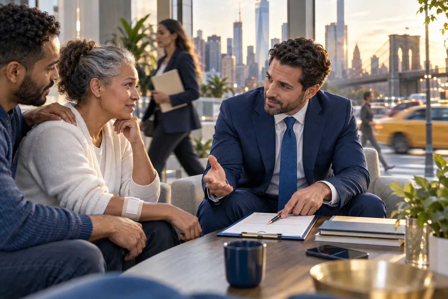 Attorney and client reviewing personal injury fee agreement checklist together