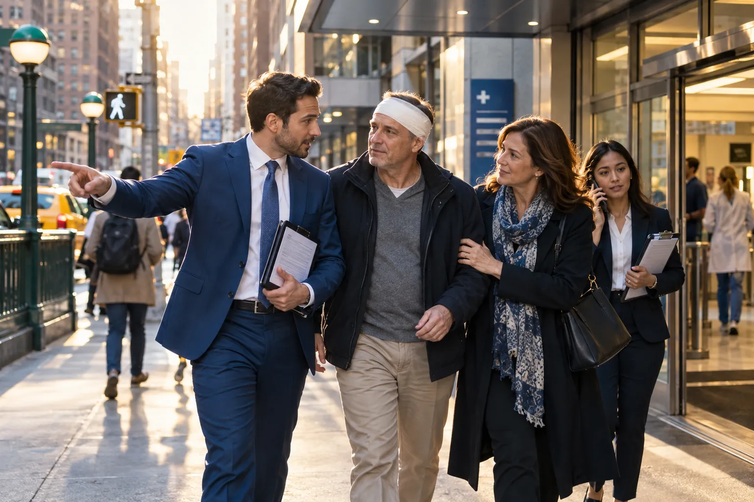 New York personal injury attorney guiding injured client with supportive care
