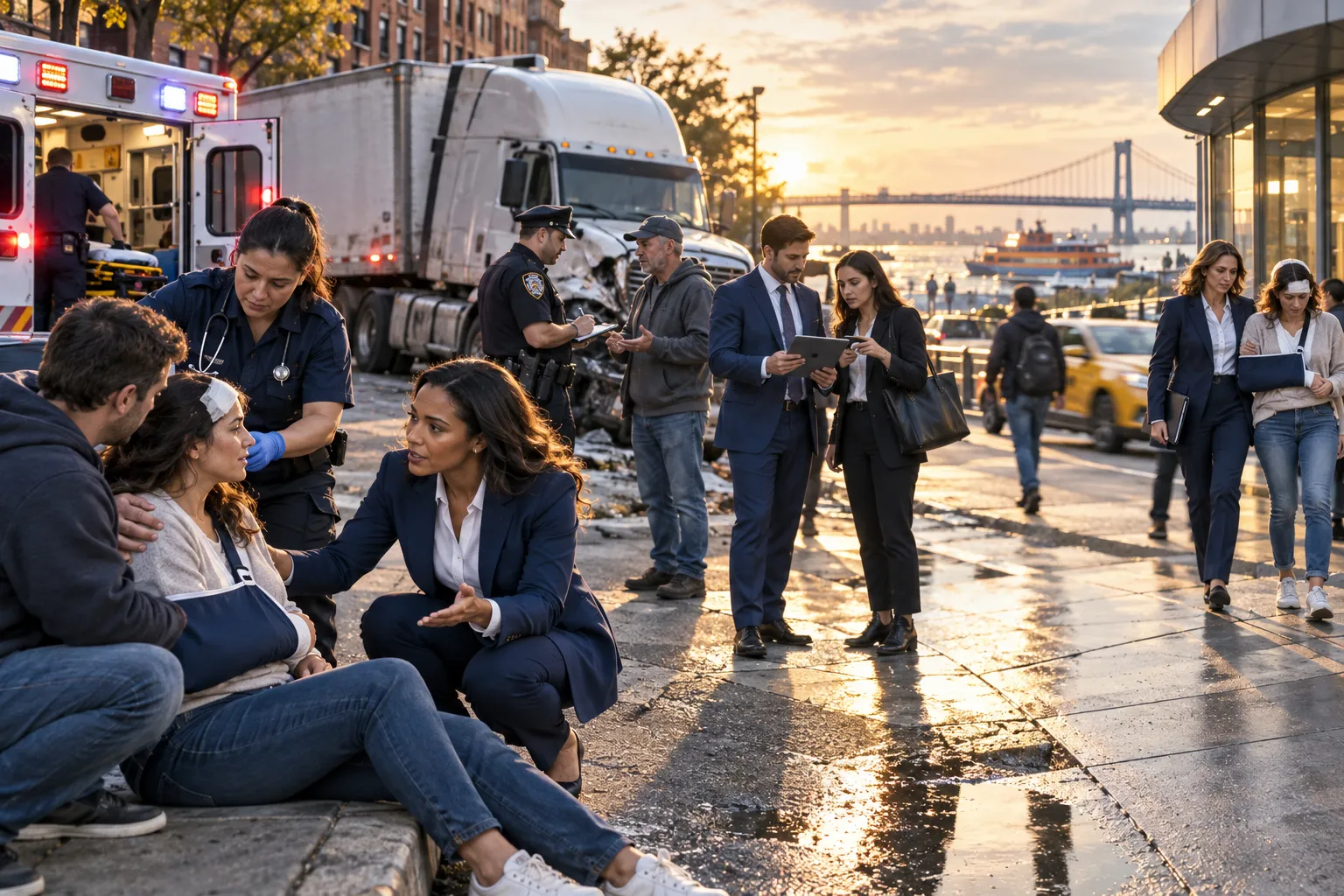 Truck accident attorney supporting injured client beside New York roadway