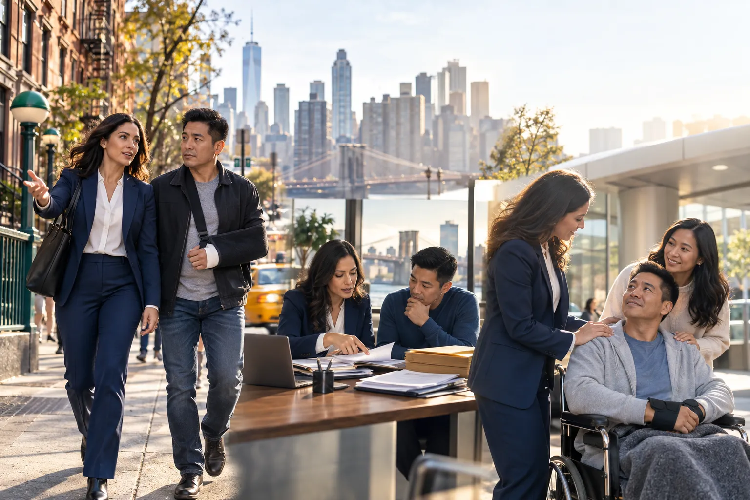 Diverse legal team guiding client along courtroom path, New York personal injury advocacy