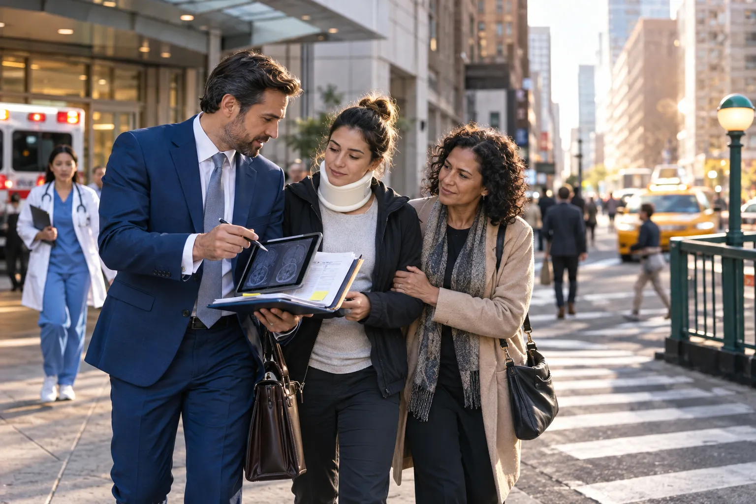 Attorney and client discussing pedestrian brain injury case at office desk
