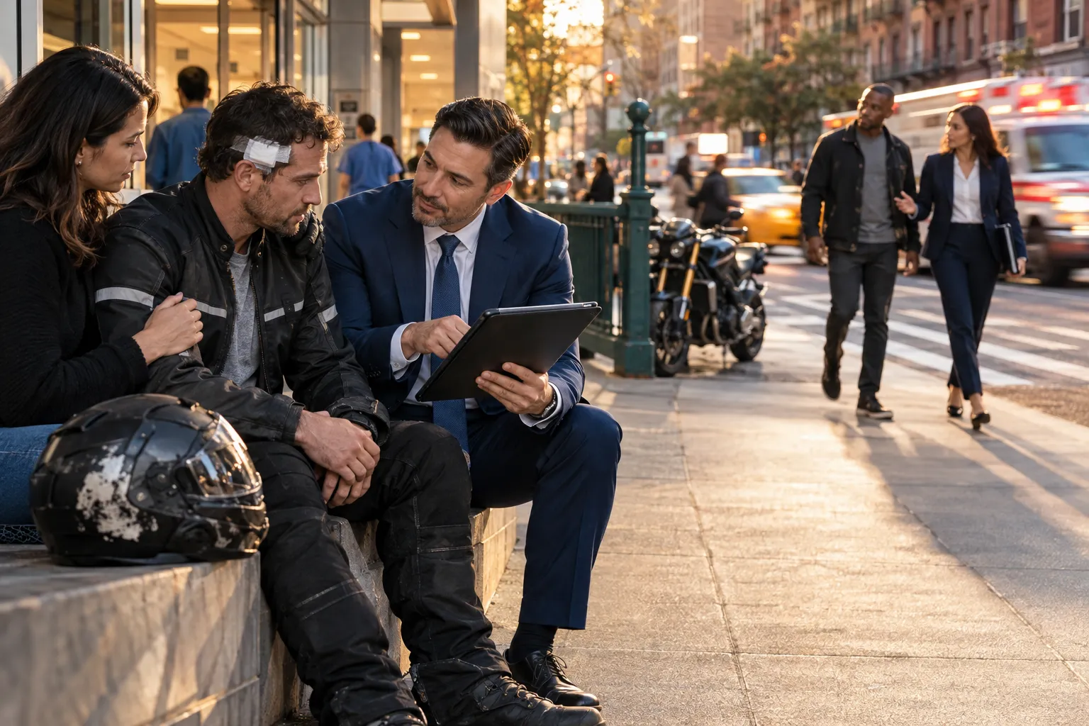 Motorcycle accident attorney supporting injured rider client in office