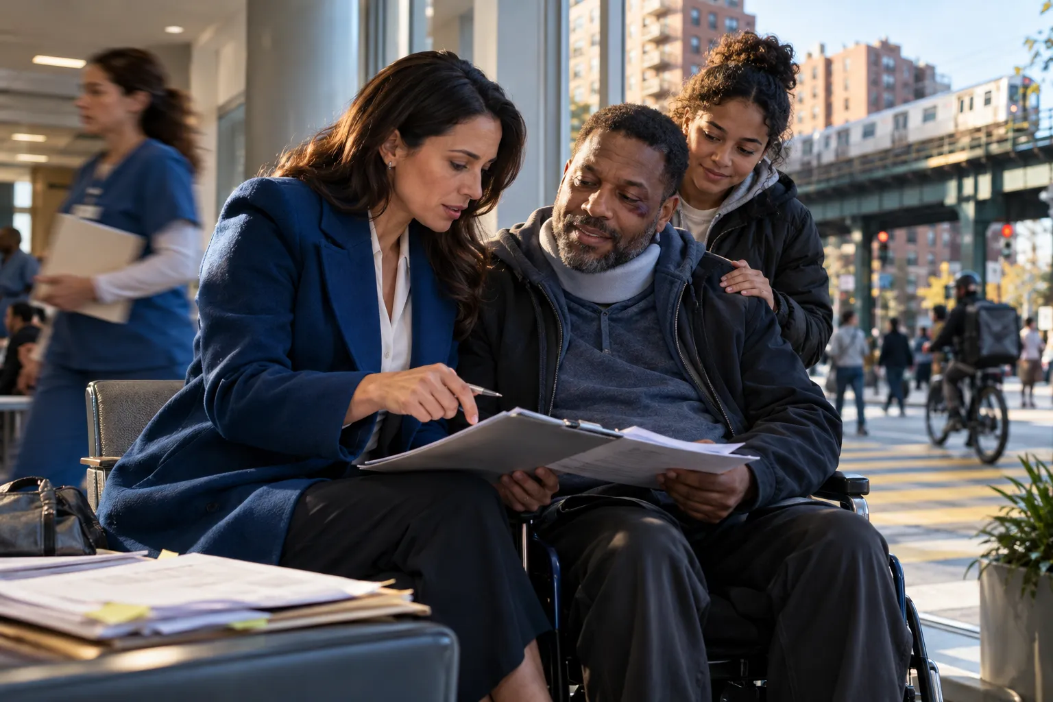 Bronx brain injury lawyer reviewing case documents with concerned client