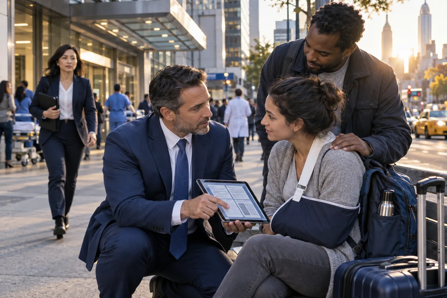 Personal injury lawyer confidently consulting client beside case documents and courthouse