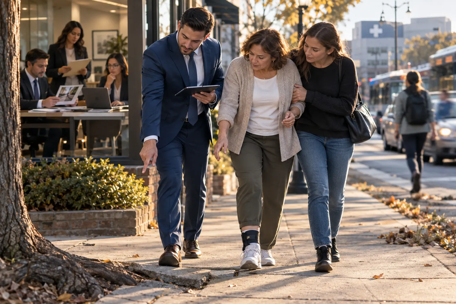 Person walking confidently on New York sidewalk, supported by legal advocacy symbolism