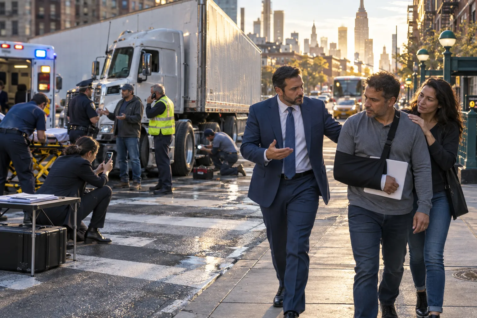 Injured client with attorney reviewing liable parties in New York office