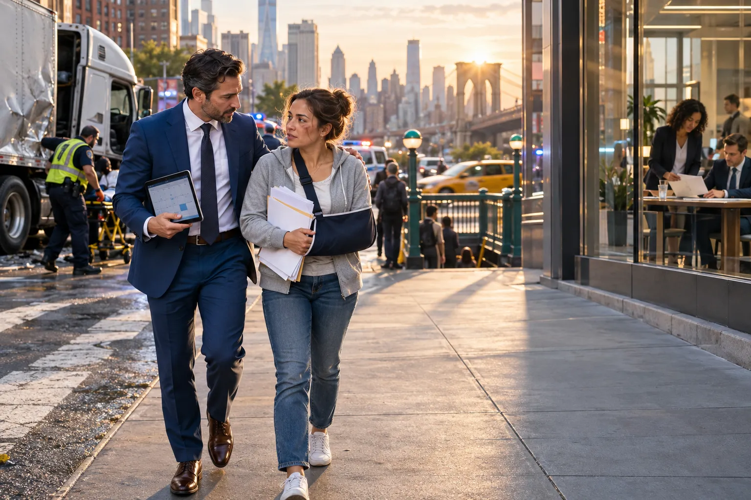 New York truck accident lawyer consulting injured client at desk