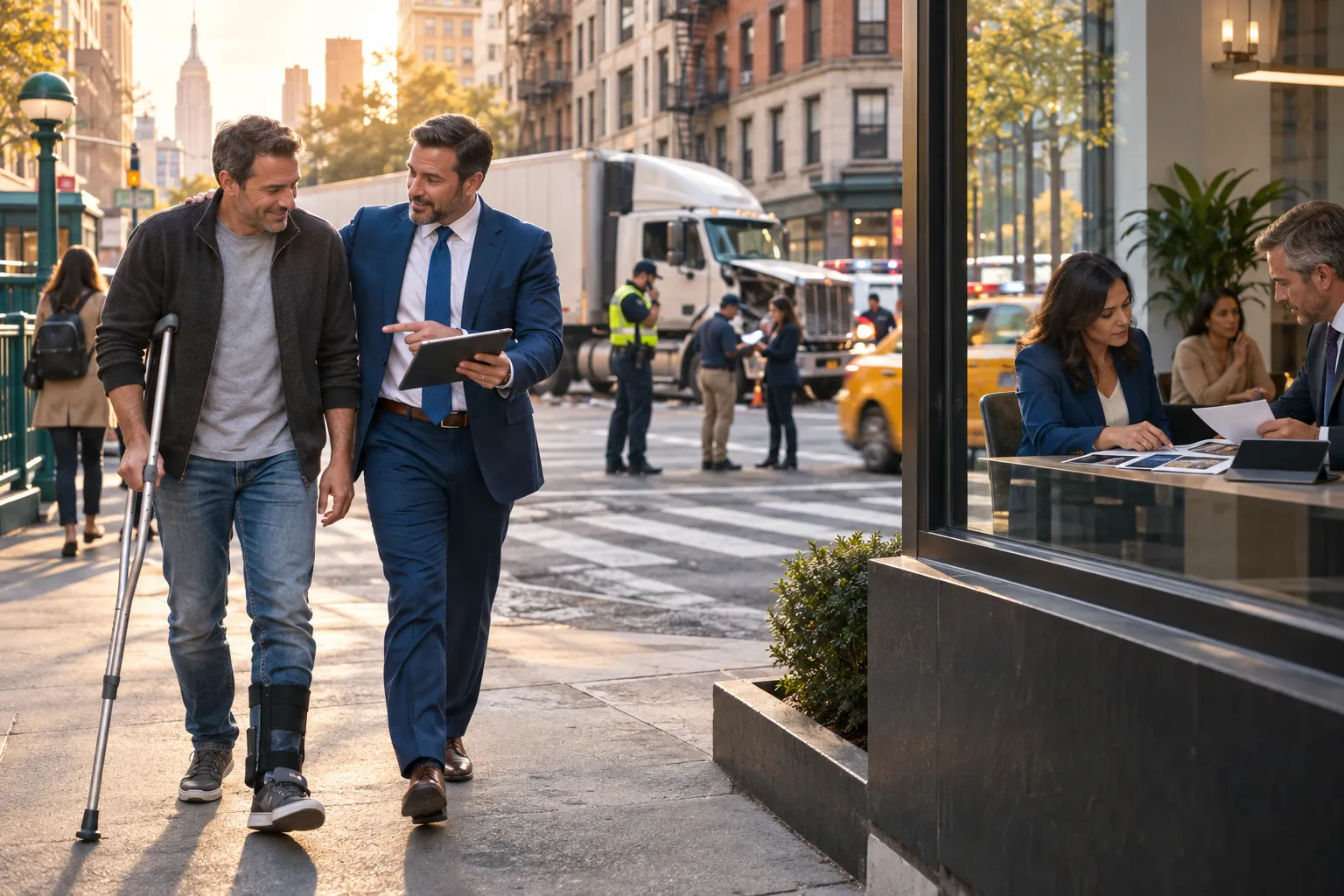 New York attorneys reviewing truck accident case documents with client support