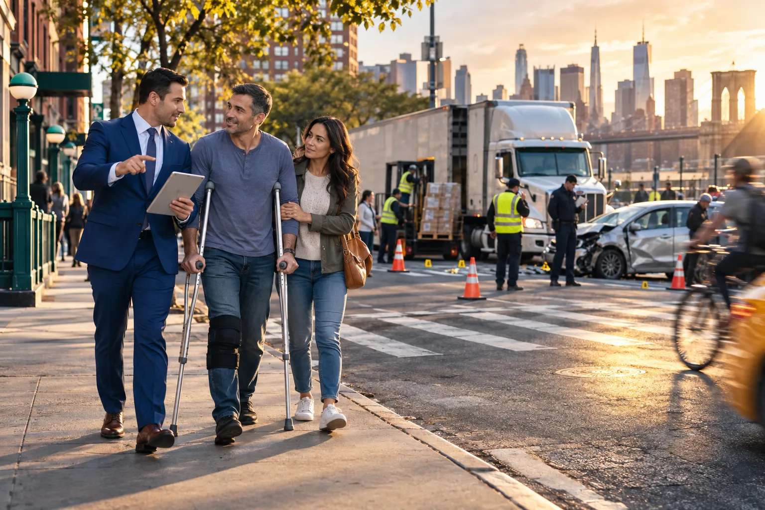 Attorney consulting client beside truck and car accident scene illustration