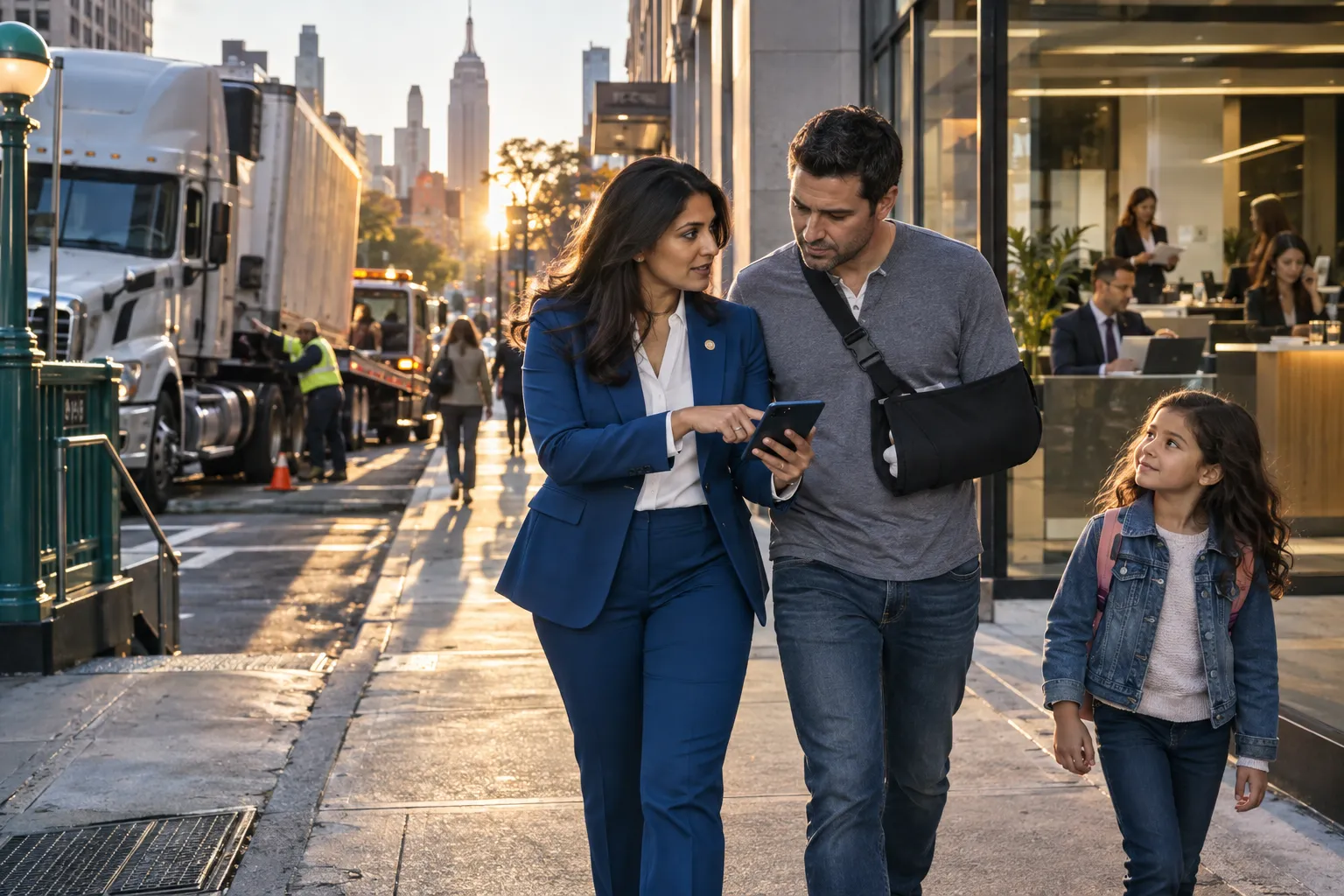 New York truck accident attorneys reviewing case documents with client in office