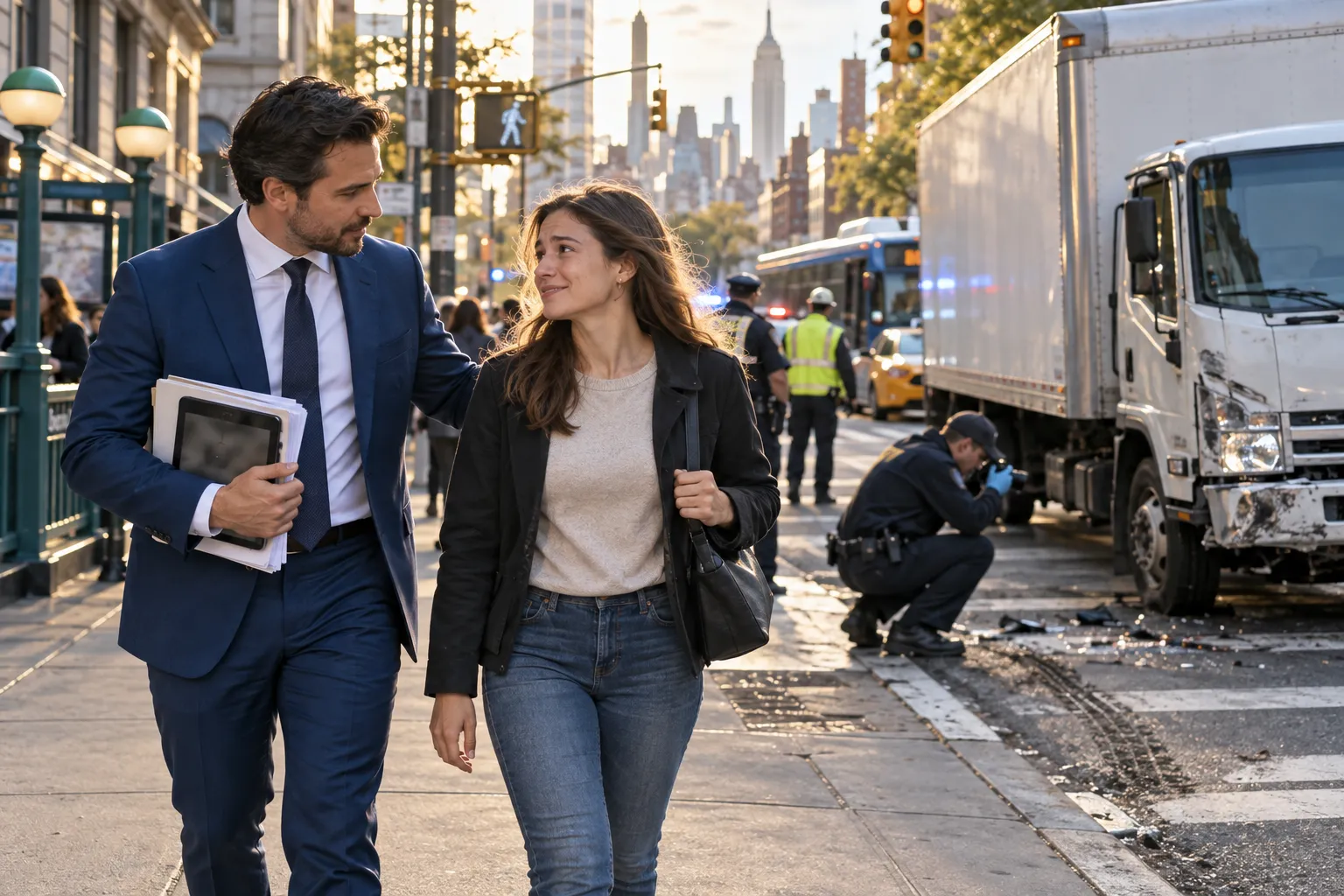 Truck accident lawyer consulting injured client near New York highway
