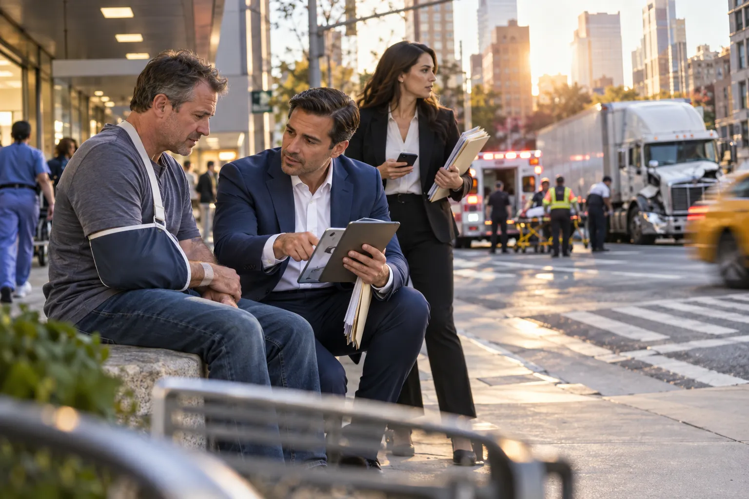 Lawyer reassuring injured truck accident client beside New York roadway