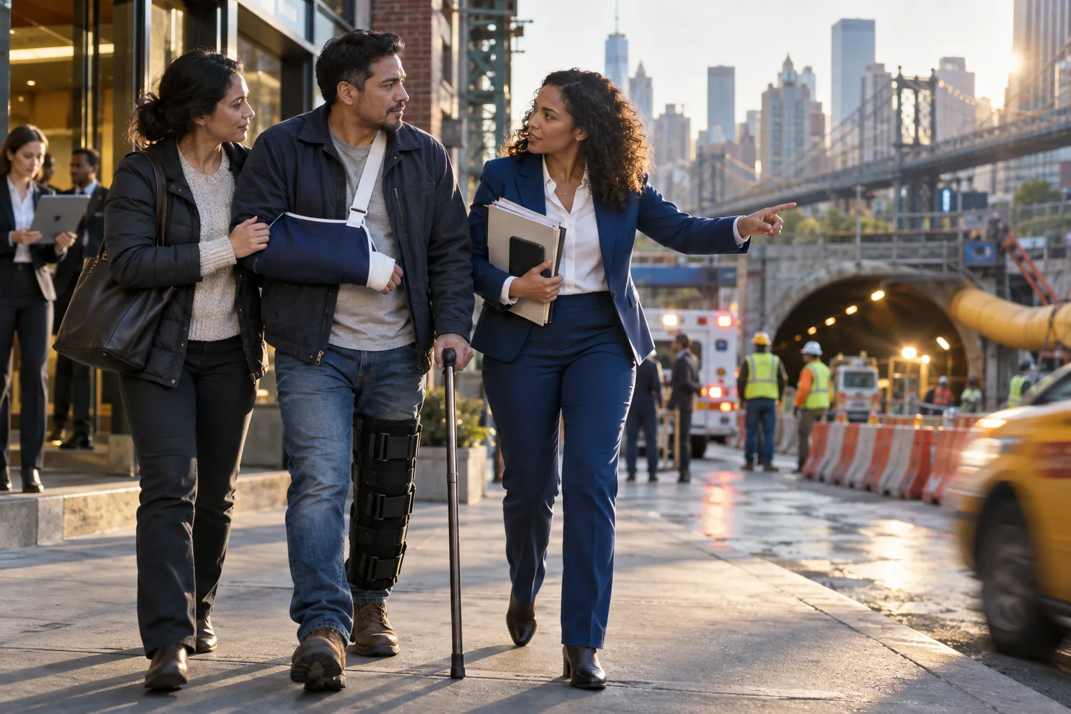 Lawyer and client reviewing tunnel injury case documents in New York office