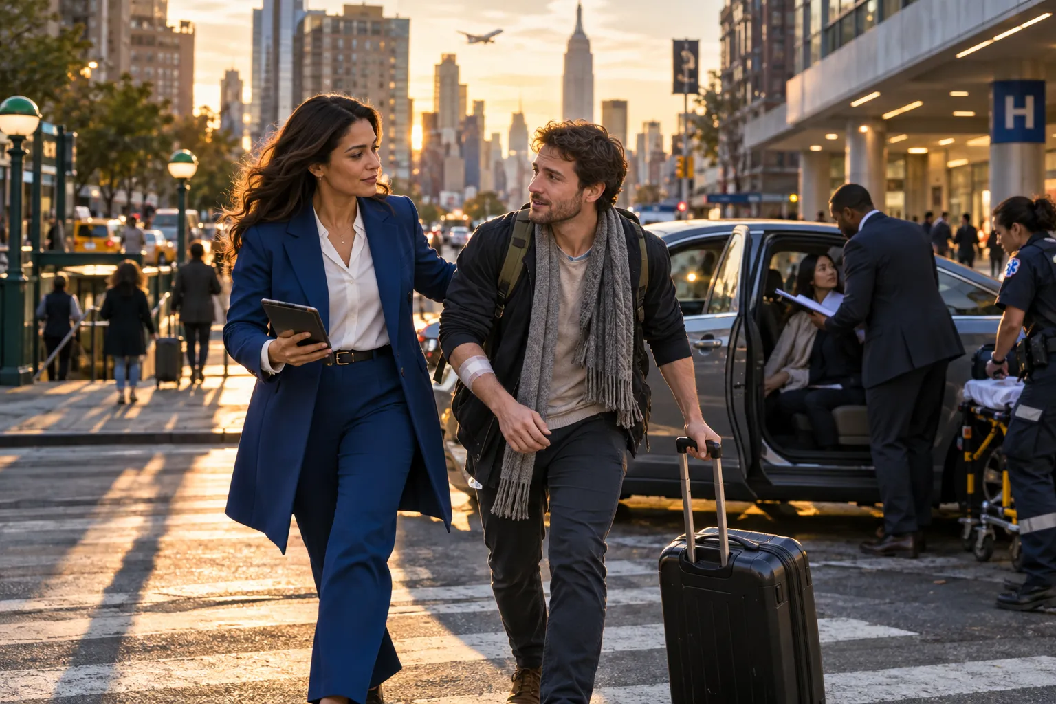 NYC street scene showing injured tourist receiving legal support after Uber accident