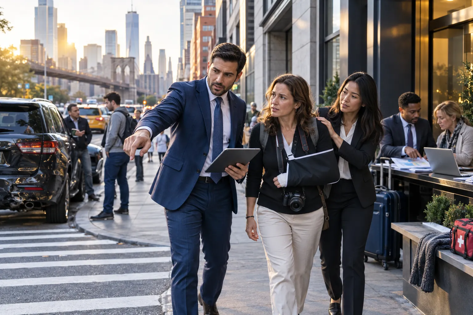 Injured tourist consulting personal injury lawyers in New York office