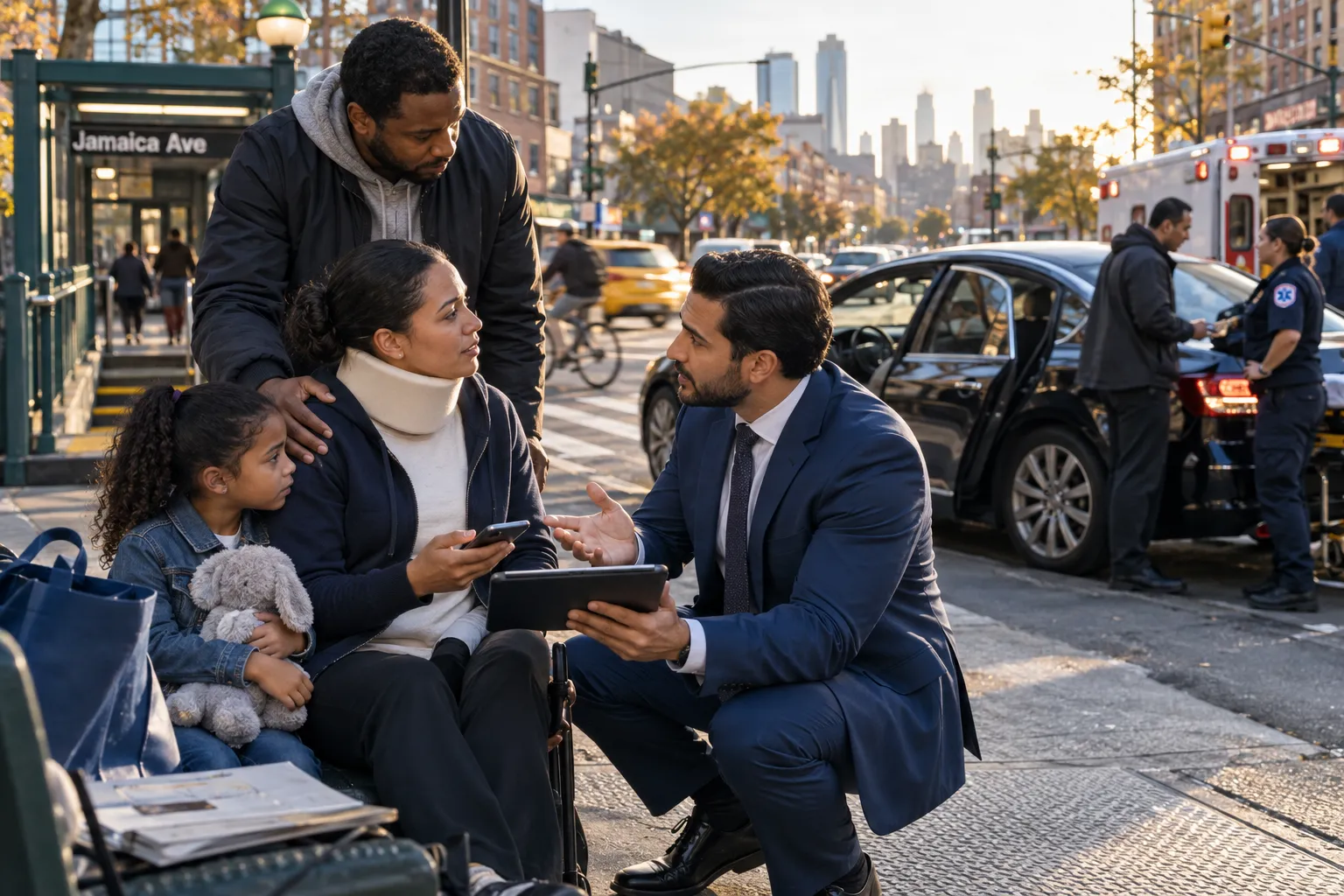 New York personal injury lawyer supporting client beside rideshare accident scene