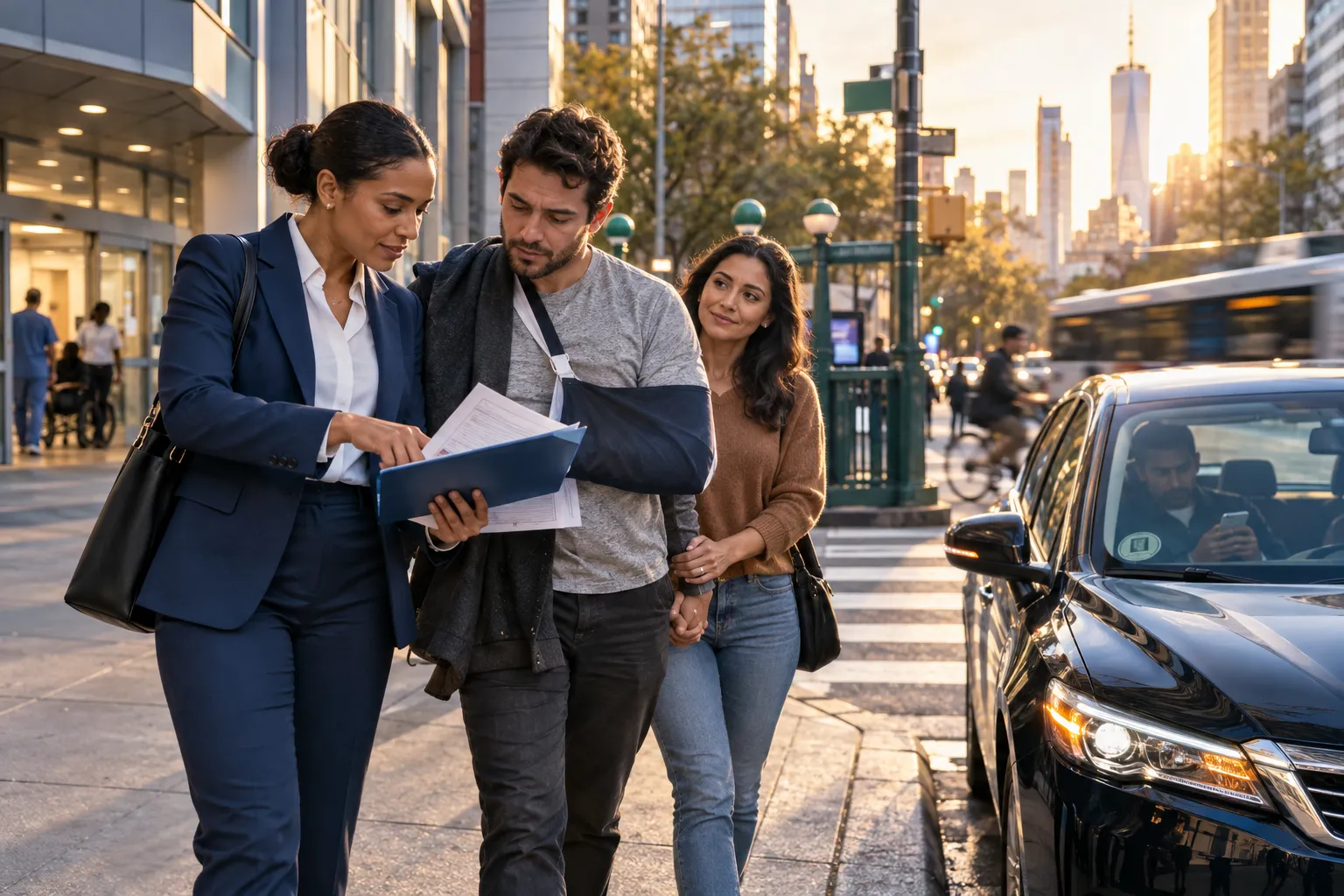 New York personal injury lawyer supporting client beside legal documents and city skyline