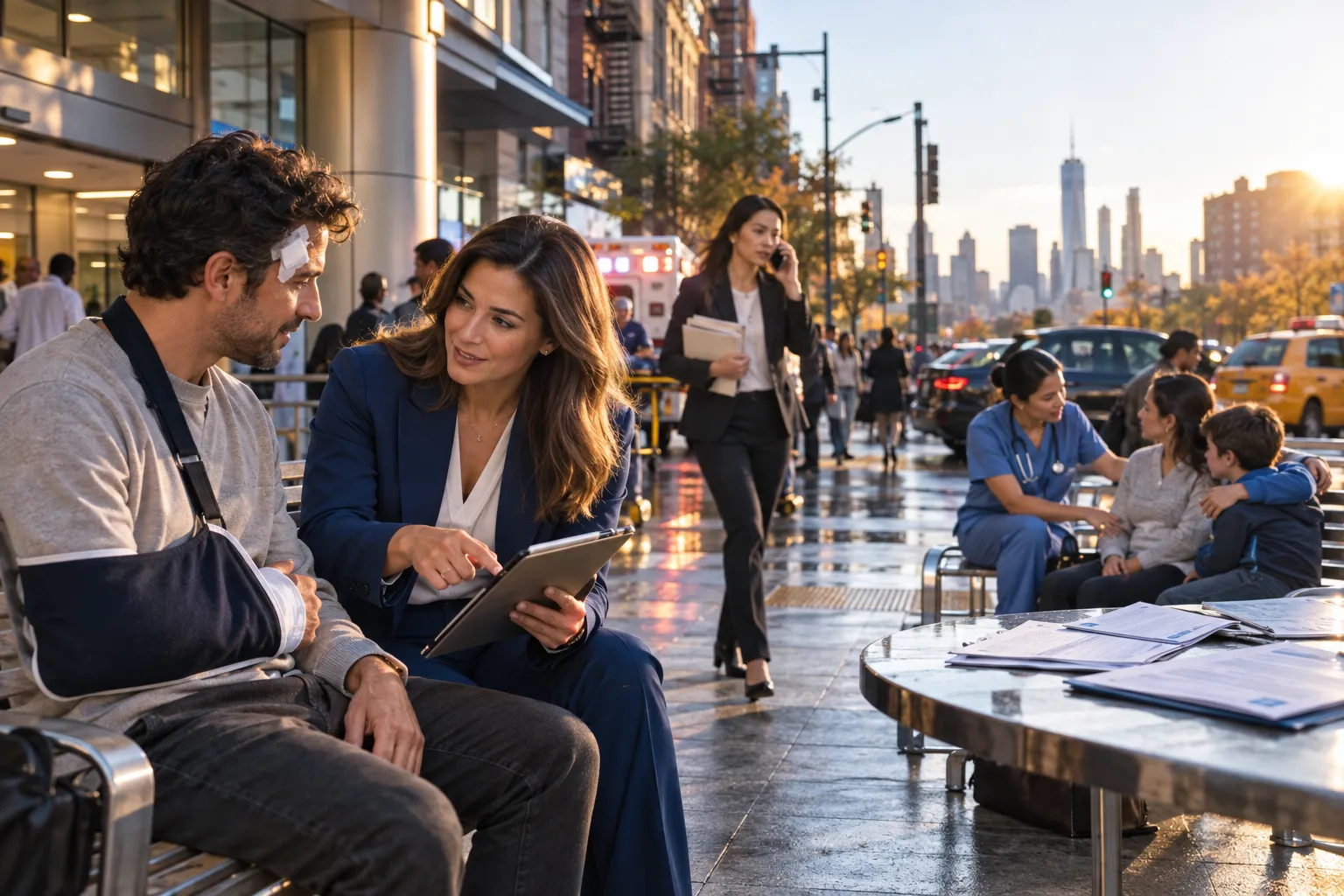 Lawyer guiding client with legal documents near New York taxi street
