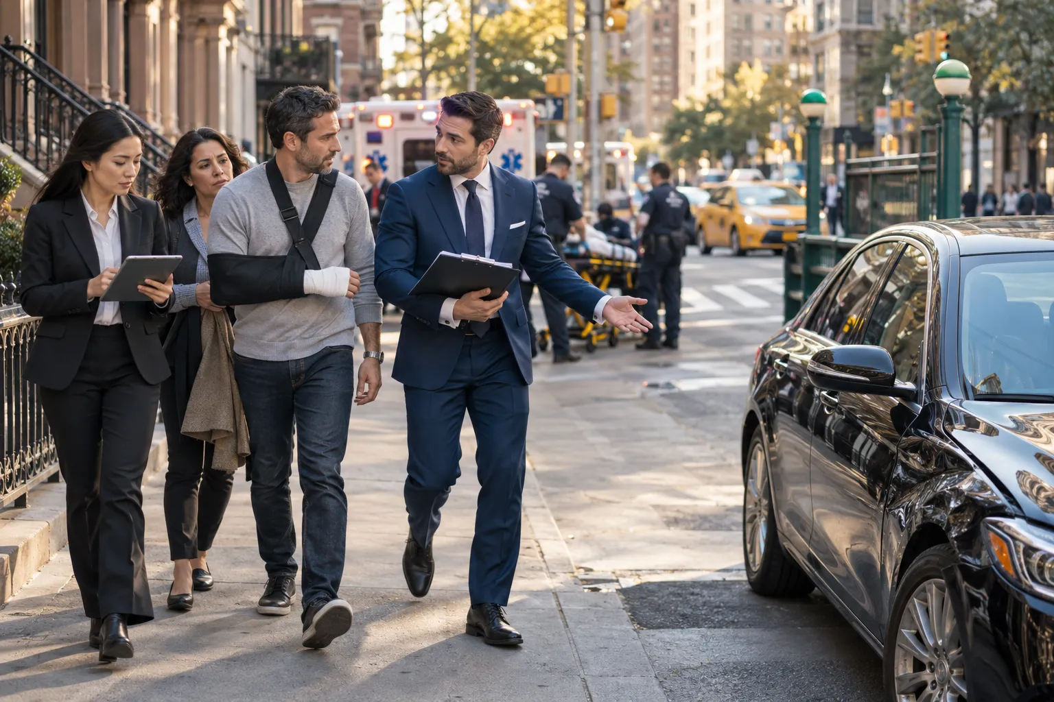 Advocates supporting injured passenger beside Uber Black car in New York