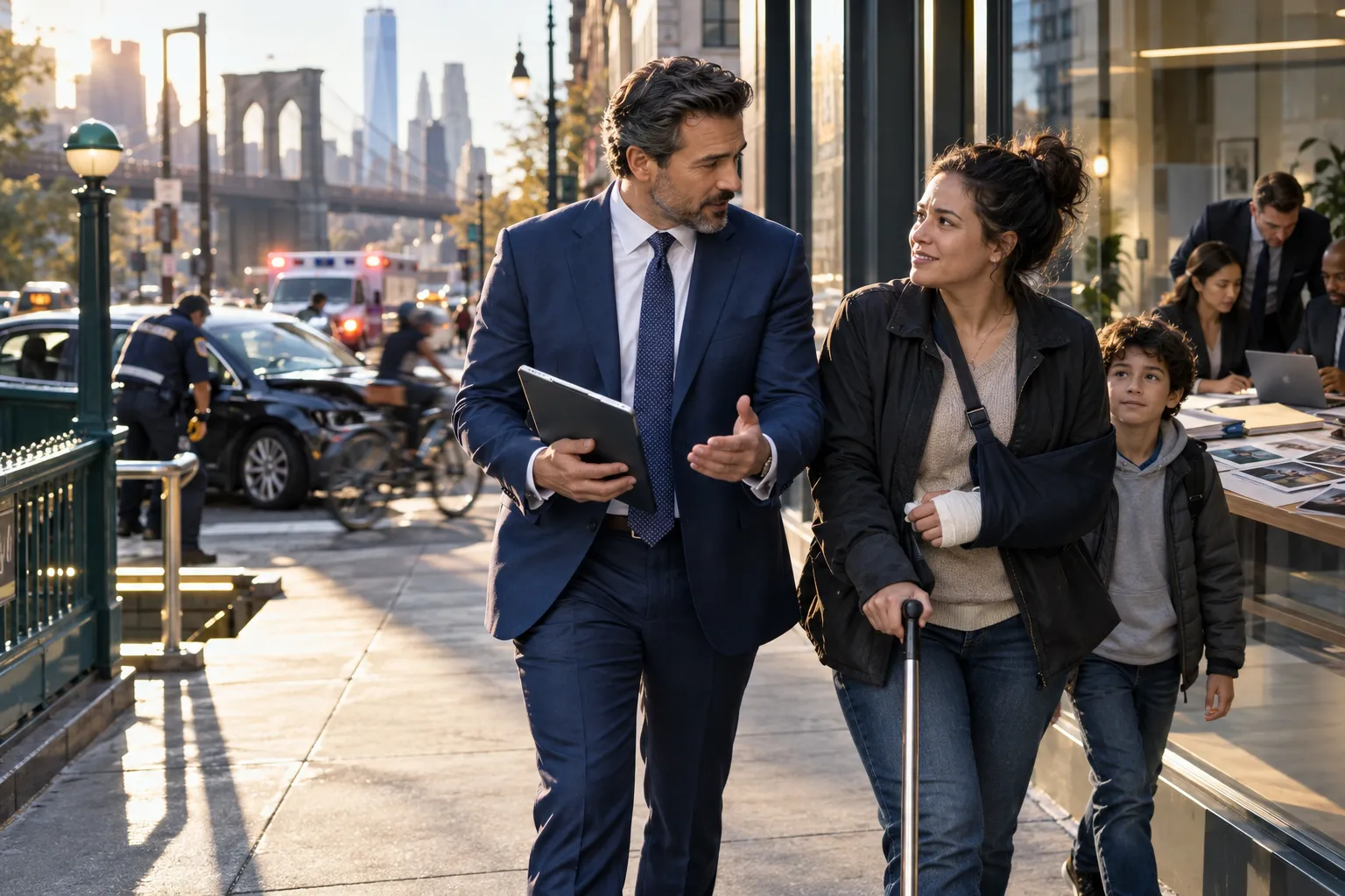New York attorney reviewing Uber accident case documents with determined client support