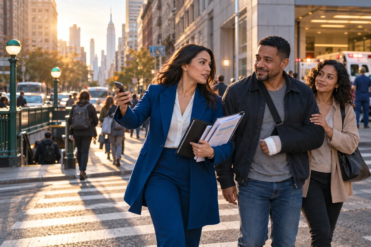 New York injury lawyer confidently consulting injured contractor at desk